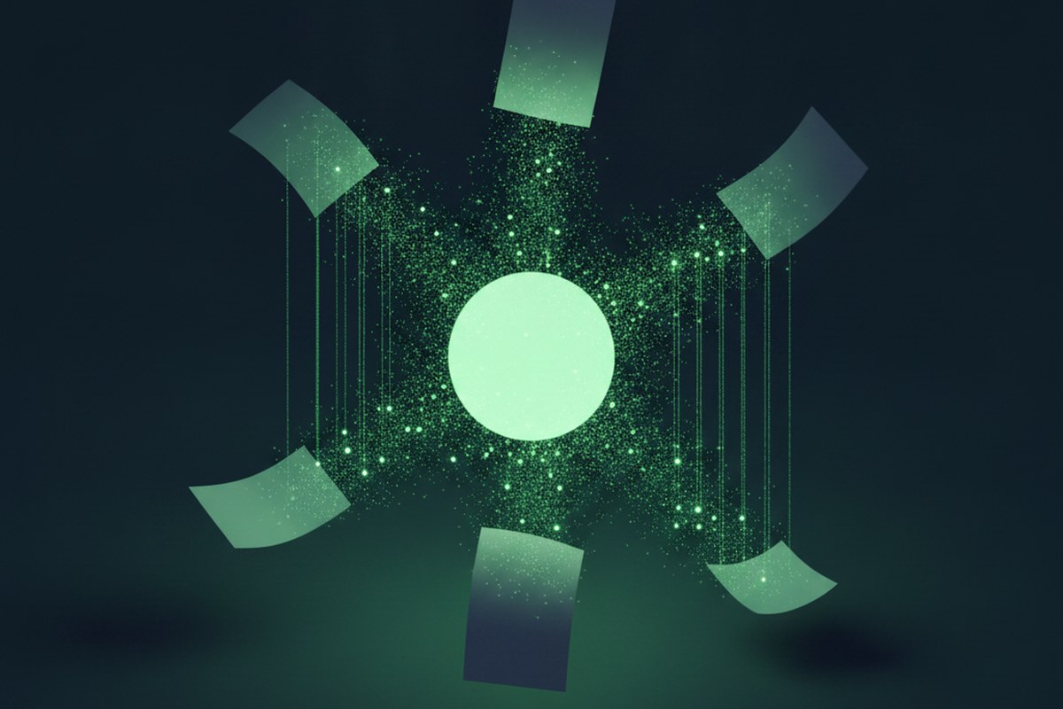 Hojas de papel en blanco disolviéndose en partículas de luz verde hacia un núcleo de datos