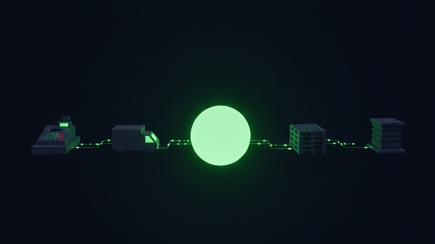 Un nodo central de luz verde con puntos satélite —caja registradora, depósito, camión, oficina— unidos por hilos de datos que fluyen en ambas direcciones