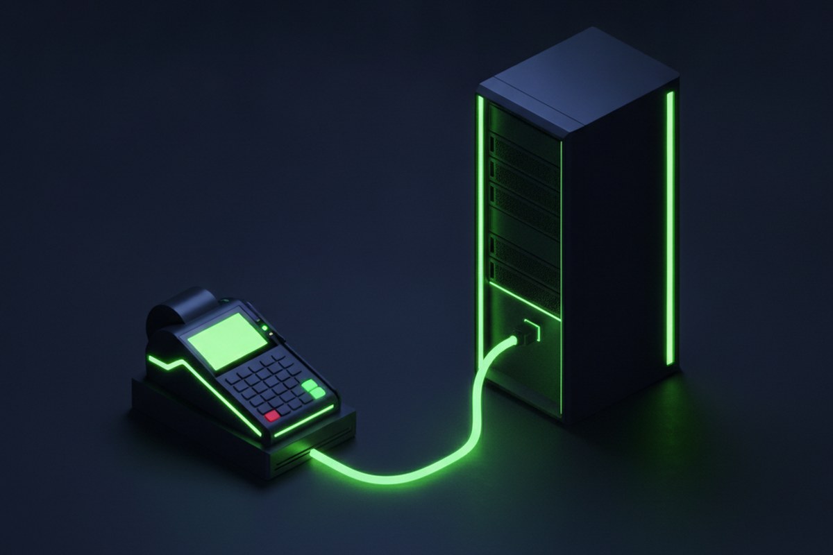 Una terminal POS conectada por un cable verde a un servidor central